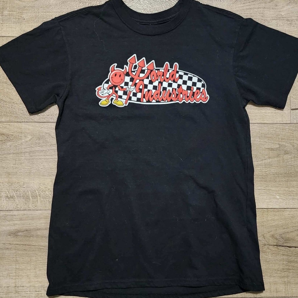World Industries Mens Black Flame Boy Checkered Skate Graphic T-Shirt Medium
